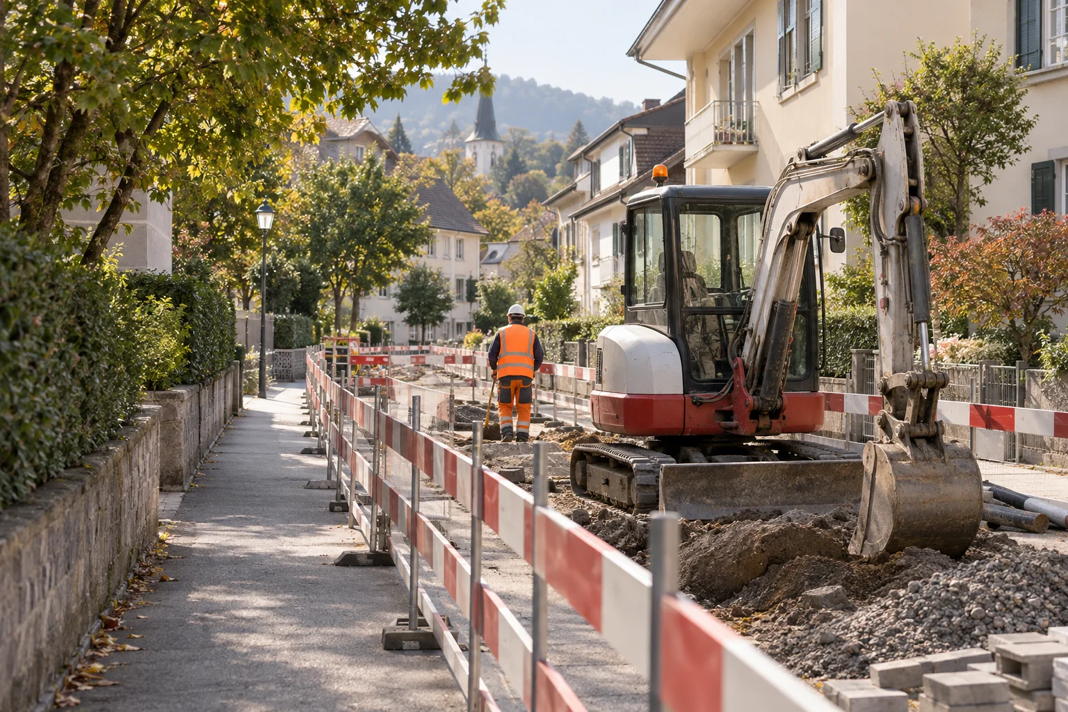 Strassenarbeiten mit einem Kompaktbagger und einem durch Absperrungen getrennten Fussweg im Wohnquartier.