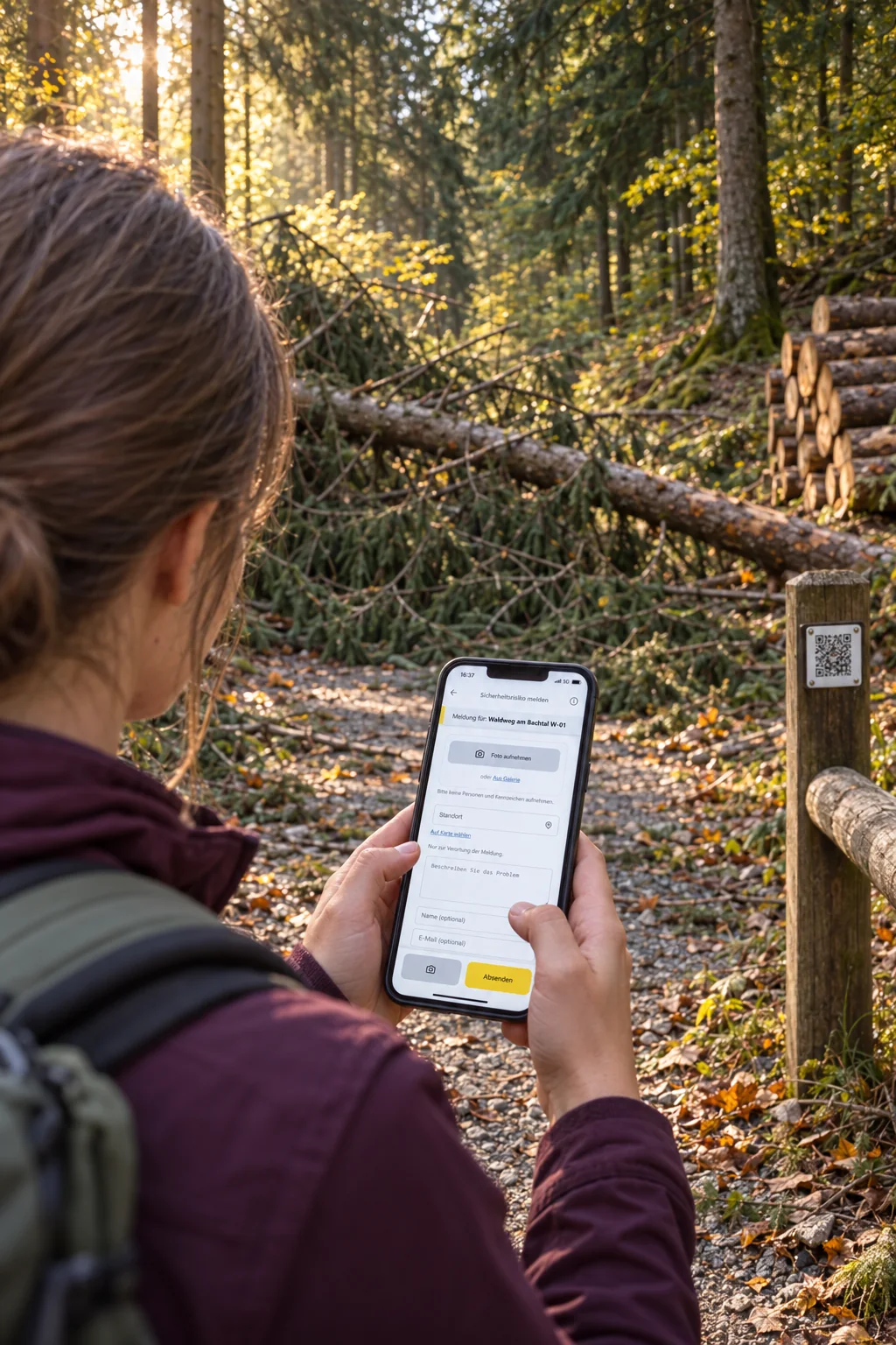 Illustrative Waldszene: Ein umgestürzter Baum versperrt den Weg. Eine Spaziergängerin meldet die Gefahr über die öffentliche Meldeseite auf ihrem Smartphone; am Weg steht ein QR-Label.