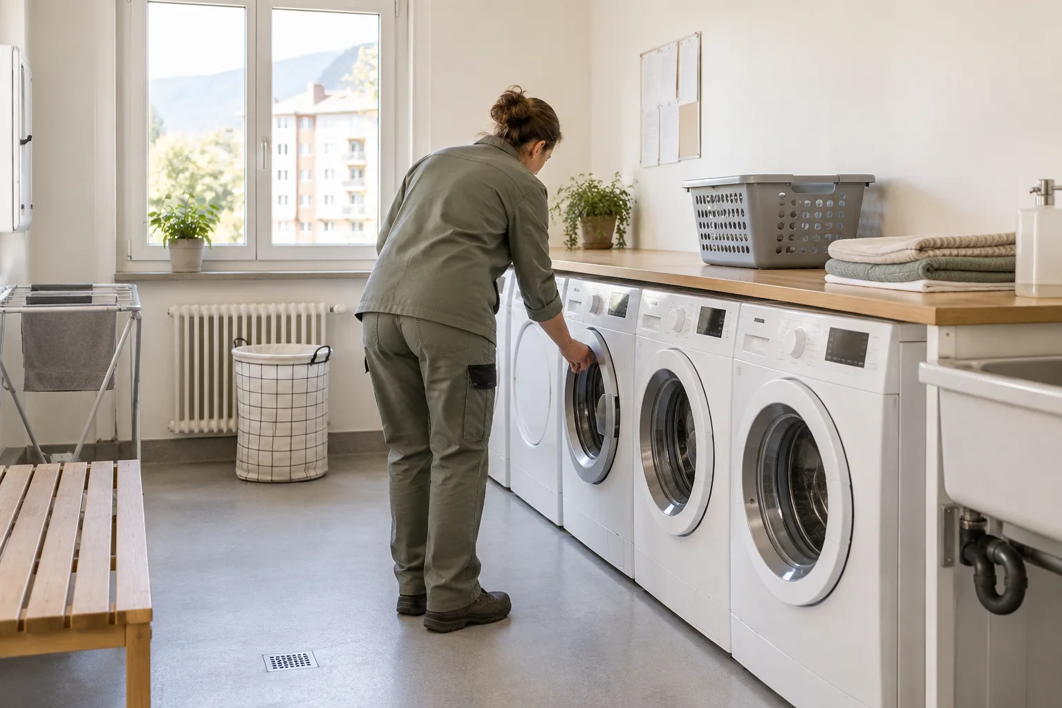Eine Person der Hauswartung prüft eine Waschmaschinentür in einer hellen gemeinsamen Waschküche mit einer Arbeitsfläche aus Holz.