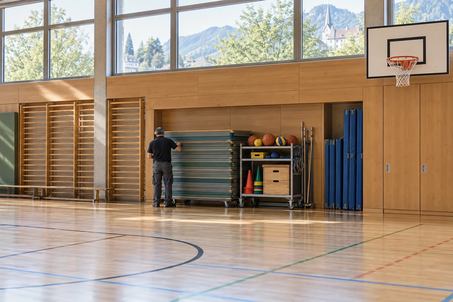 Eine Person vom Hausdienst ordnet gestapelte Turnmatten in einer hellen Sporthalle mit Holzverkleidung.