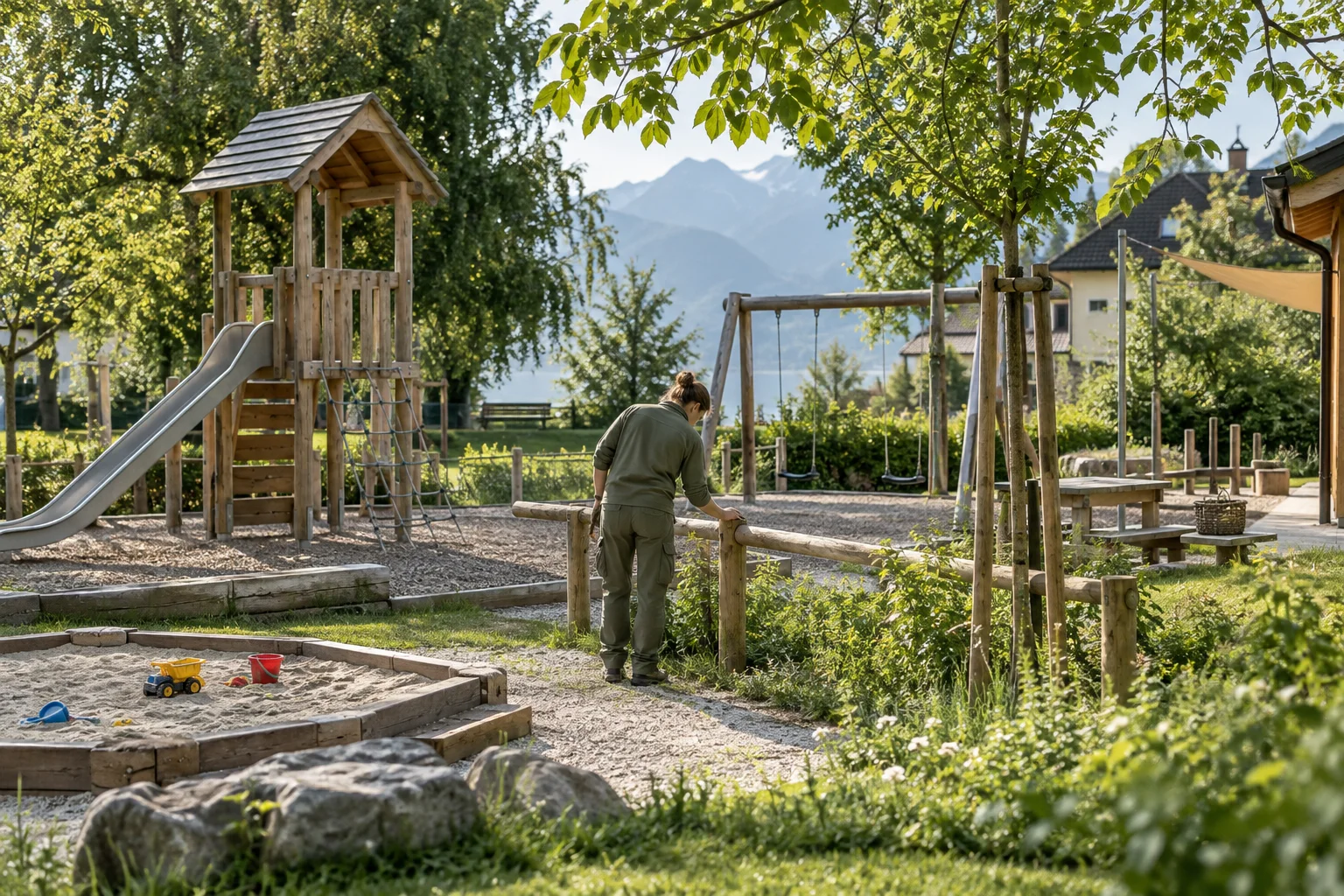 Eine Person vom Hausdienst prüft das Holzgeländer eines Spielplatzes mit Kletterturm und Rutsche.