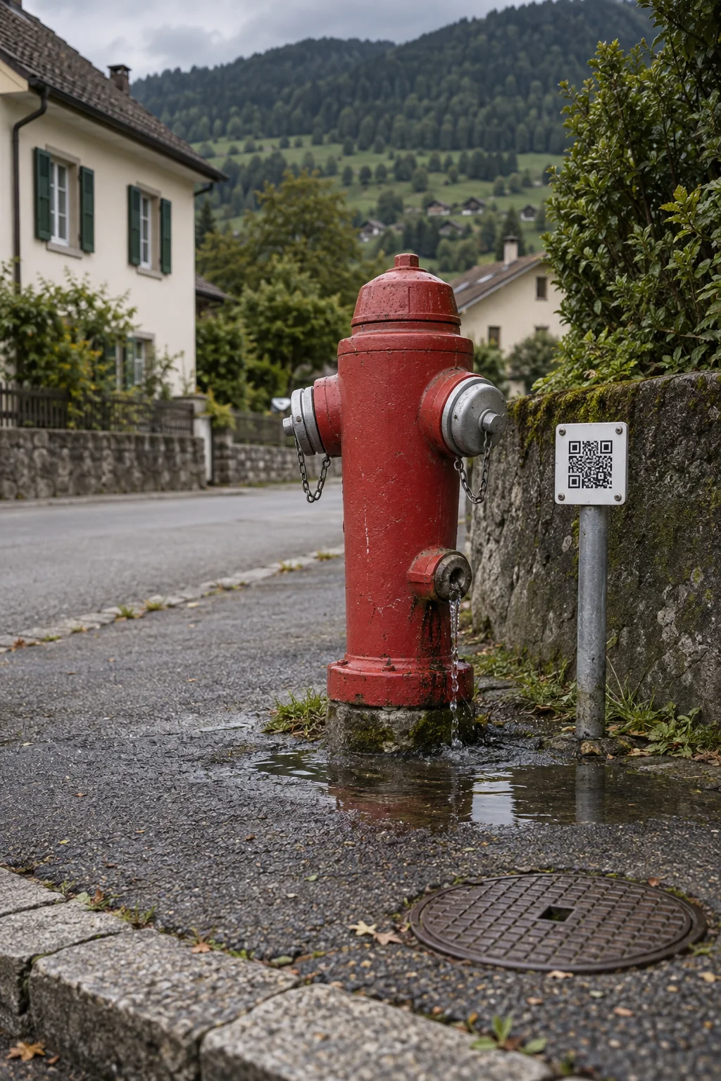 Illustrative Szene: Wasser tritt aus einem roten Hydranten aus und sammelt sich auf dem Gehweg; daneben steht ein QR-Schild.